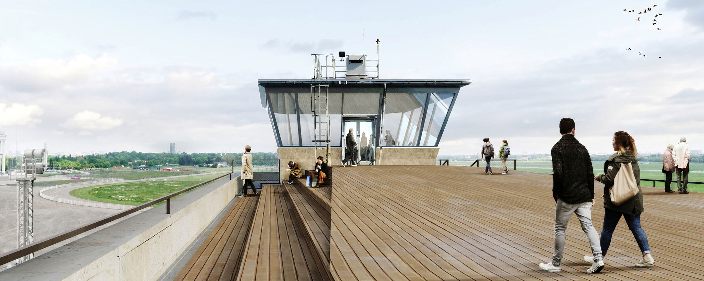 Rendering der Besucherterrasse am Kopfbau West mit ehemaligem Fluglotsentower