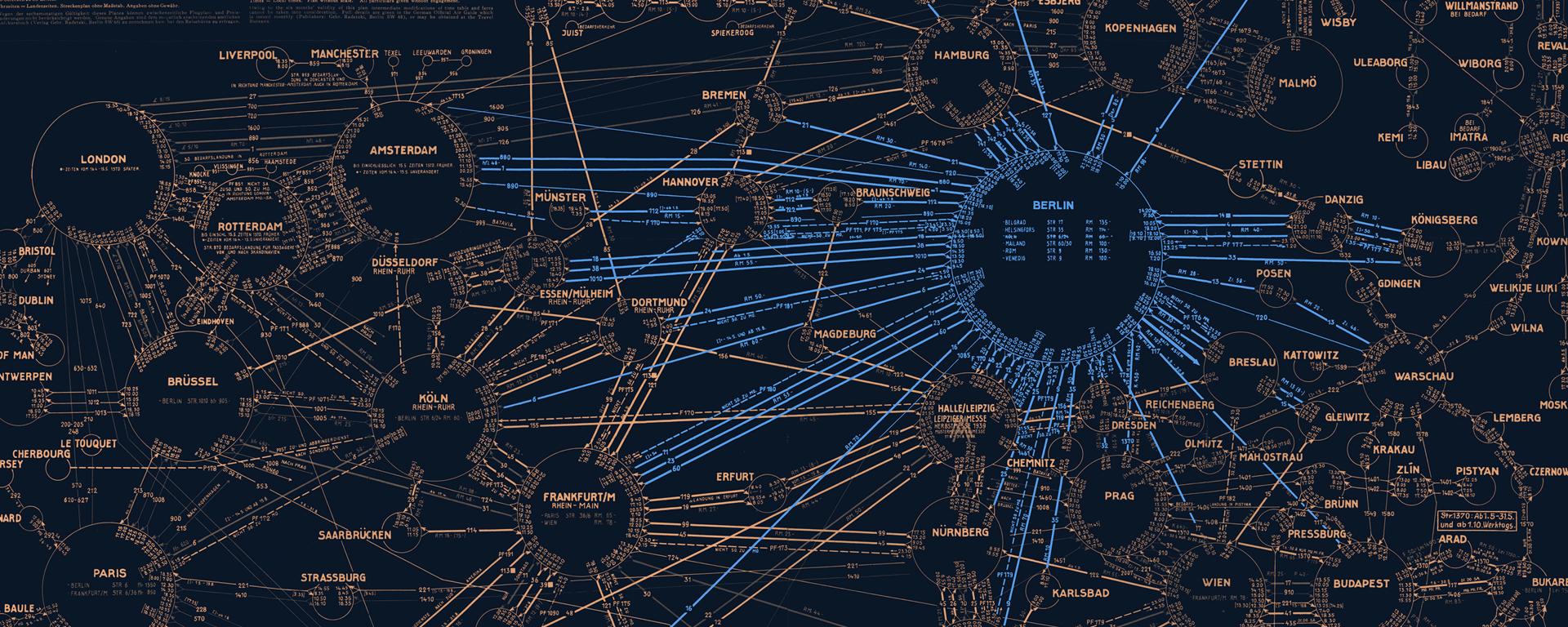 Grafik von einem Liniennetz in Blau- und Goldtönen 