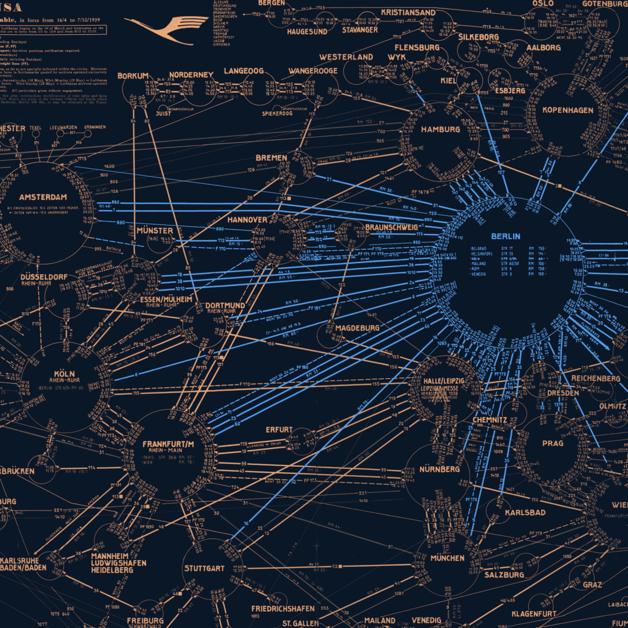 Grafik von einem Liniennetz in Blau- und Goldtönen 