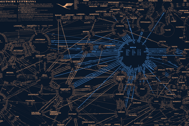 Grafik von einem Liniennetz in Blau- und Goldtönen 