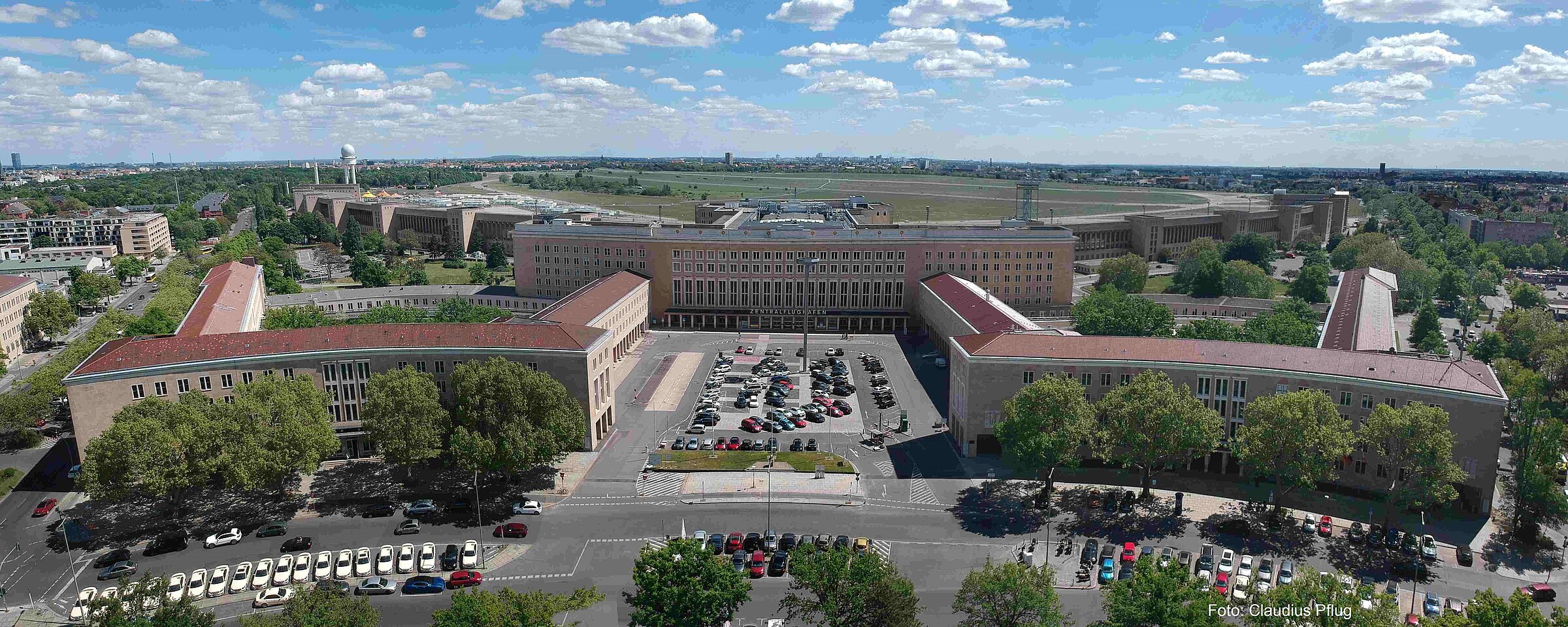 Aerial view of the airport Tempelhof with Ehrenhof and Platz der Luftbrücke"