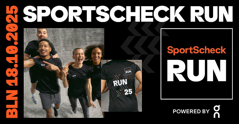 Grafik vom SportScheck Run. Links sind vier rennende Menschen zu sehen, die lachend in die Kamera schauen