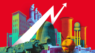 Eine farbenfrohe Collage aus industriellen und architektonischen Elementen vor einem kräftig roten Hintergrund. Zu sehen sind Gebäude, Silos, Schornsteine und eine große Lokomotive im Vordergrund. Ein weißer, zickzackförmiger Pfeil verläuft diagonal nach oben und vermittelt den Eindruck von Entwicklung oder Aufschwung