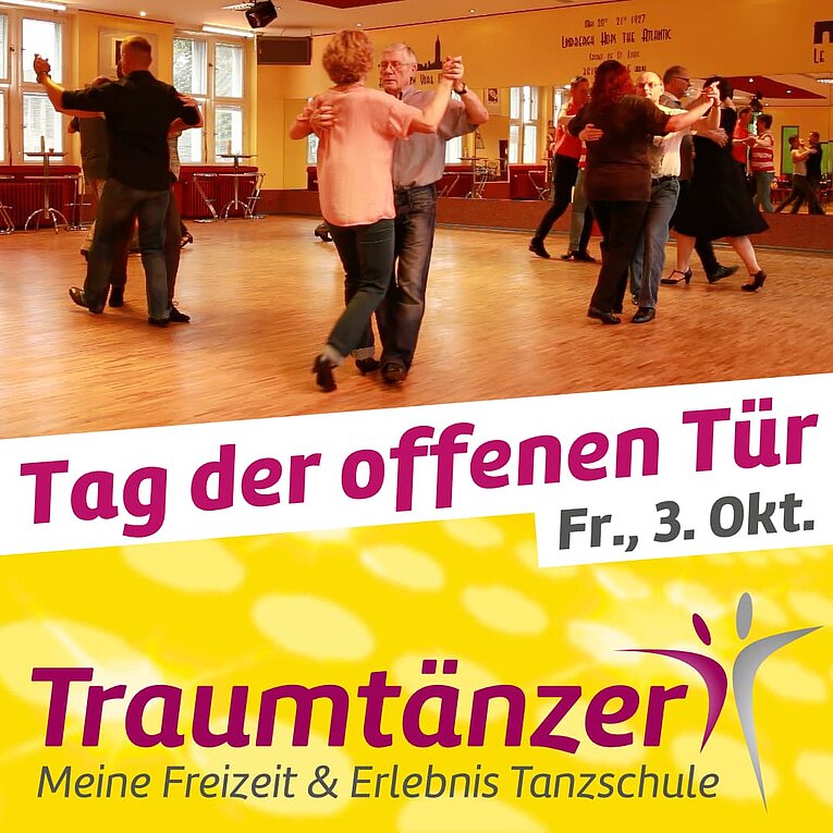 Grafische Einladung zum Tag der offenen Tür in der Tanzschule Traumtänzer
