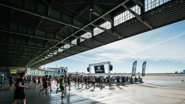 KI-Bild vom überdachten Vorfeld des Flughafen Tempelhof auf dem einige Läufer richtig Tempelhofer Feld laufen. Im Hintergrund Pace Race Fahnen