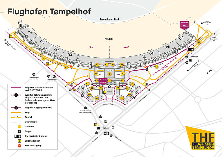 Übersichtskarte des Flughafens Tempelhof mit markierten Wegen, Gebäuden und Zugängen. Zu sehen sind die Hangars H1 bis H7, die Haupthalle, das Vorfeld sowie angrenzende Bereiche wie Tempelhofer Feld, Platz der Luftbrücke und Columbiadamm. Die Karte zeigt barrierefreie Wege, Treppen, Rampen mit 10‑%‑Steigung, den Zugang zum Besucherzentrum und THF Tower sowie Jelbi‑Stationen. Eine Legende erklärt Symbole für Wege, Gebäude, Zäune und Orientierungspunkte