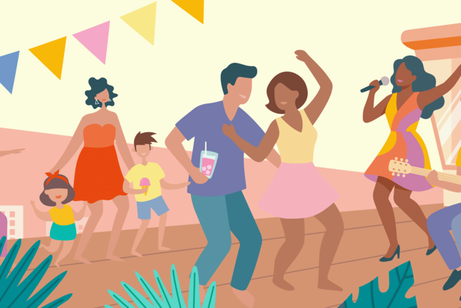 Sommerliche Szene am Flughafen Tempelhof in Berlin: Unter bunten Wimpeln feiern Menschen im Freien, einige tanzen, andere musizieren, umgeben von Pflanzen und einem offenen Gebäudebereich.