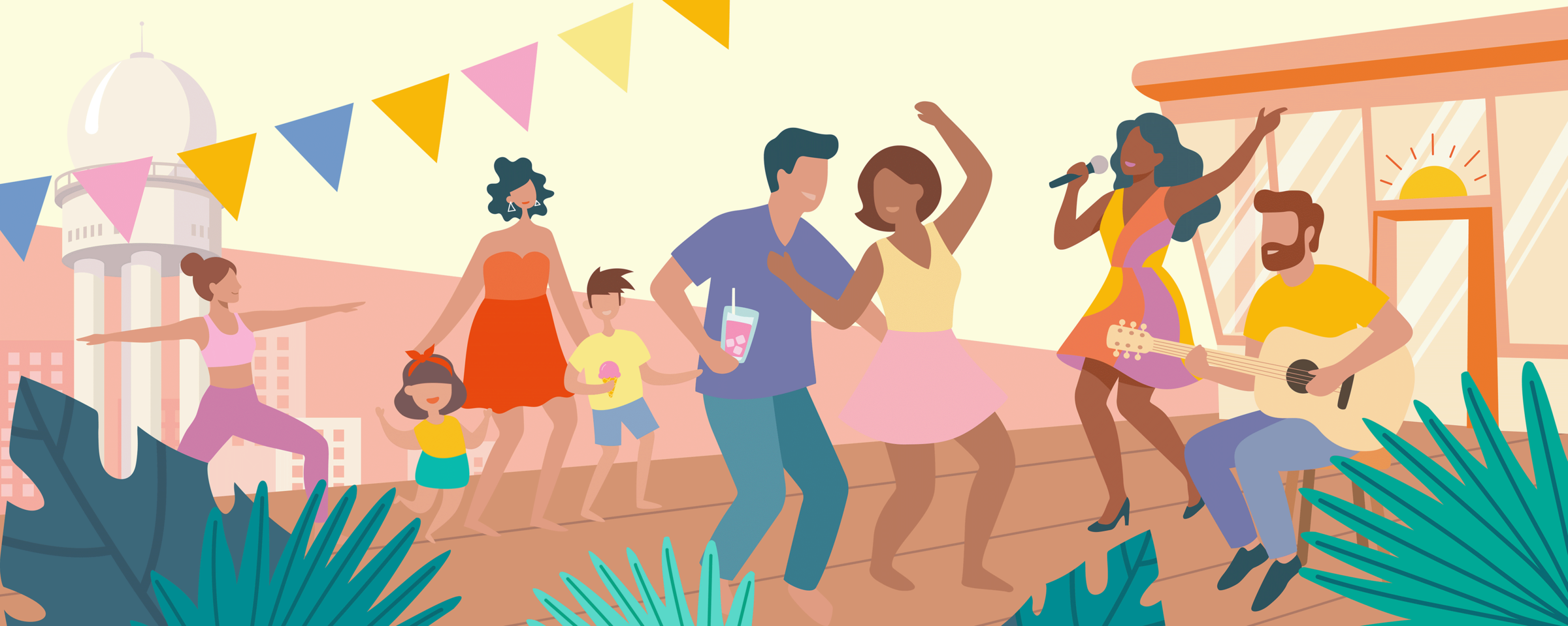 Sommerliche Szene am Flughafen Tempelhof in Berlin: Unter bunten Wimpeln feiern Menschen im Freien, einige tanzen, andere musizieren, umgeben von Pflanzen und einem offenen Gebäudebereich.