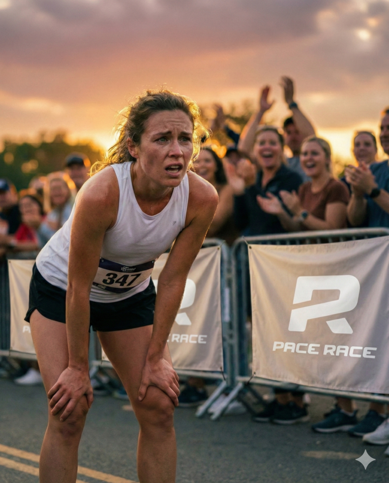 KI-Bild einer Läuferin, die sich auf den Knien abstützt und angestrengt aussieht. Im Hintergrund ein Sonnenuntergang