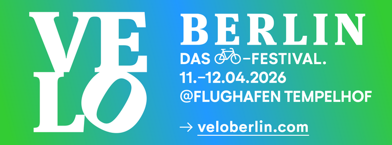 Gestaltete Grafik mit dem VELOBerlin Logo auf grünblauem Hintergund.