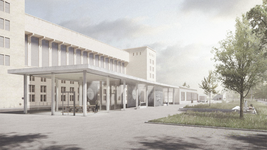 Entwurf für Bauteil 7a am Flughafen Tempelhof: Im linken Bildbereich erstreckt sich die monumentale, sandsteinfarbene Fassade des Flughafengebäudes mit einer langen, von Säulen getragenen Vordachkonstruktion. Auf der rechten Seite schließt sich eine grüne Rasenfläche mit jungen Bäumen an. Im Vordergrund befindet sich ein weitläufiger, gepflasterter Platz, auf dem sich die Schatten von Bäumen abzeichnen.