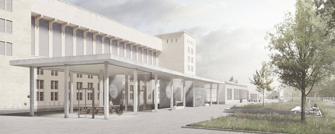 Entwurf für Bauteil 7a am Flughafen Tempelhof: Im linken Bildbereich erstreckt sich die monumentale, sandsteinfarbene Fassade des Flughafengebäudes mit einer langen, von Säulen getragenen Vordachkonstruktion. Auf der rechten Seite schließt sich eine grüne Rasenfläche mit jungen Bäumen an. Im Vordergrund befindet sich ein weitläufiger, gepflasterter Platz, auf dem sich die Schatten von Bäumen abzeichnen.