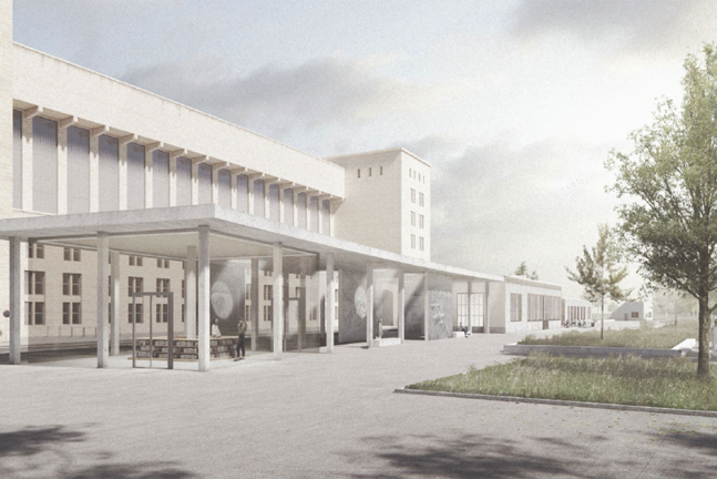 Entwurf für Bauteil 7a am Flughafen Tempelhof: Im linken Bildbereich erstreckt sich die monumentale, sandsteinfarbene Fassade des Flughafengebäudes mit einer langen, von Säulen getragenen Vordachkonstruktion. Auf der rechten Seite schließt sich eine grüne Rasenfläche mit jungen Bäumen an. Im Vordergrund befindet sich ein weitläufiger, gepflasterter Platz, auf dem sich die Schatten von Bäumen abzeichnen.