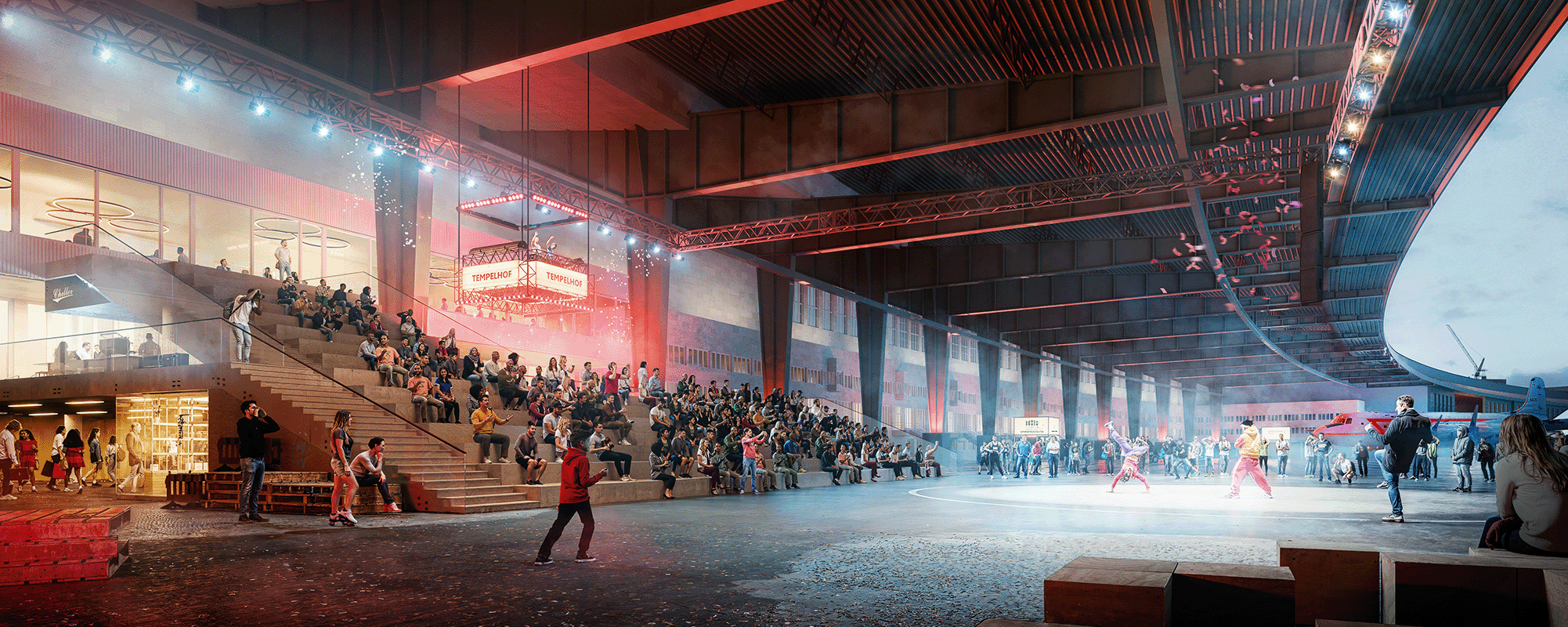 Rendering vom Vorfeld des Flughafen Tempelhof, wie es in Zukunft aussehen könnte: Bei einer Tanzshow sitzen viele Leute auf einer Tribüne. Im Hintergrund ist ein Flugzeug zu sehen