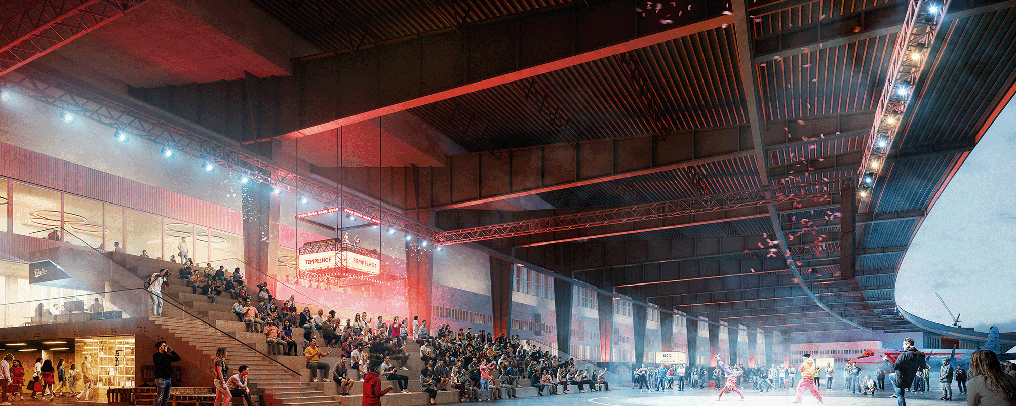 Rendering vom Vorfeld des Flughafen Tempelhof, wie es in Zukunft aussehen könnte: Bei einer Tanzshow sitzen viele Leute auf einer Tribüne. Im Hintergrund ist ein Flugzeug zu sehen