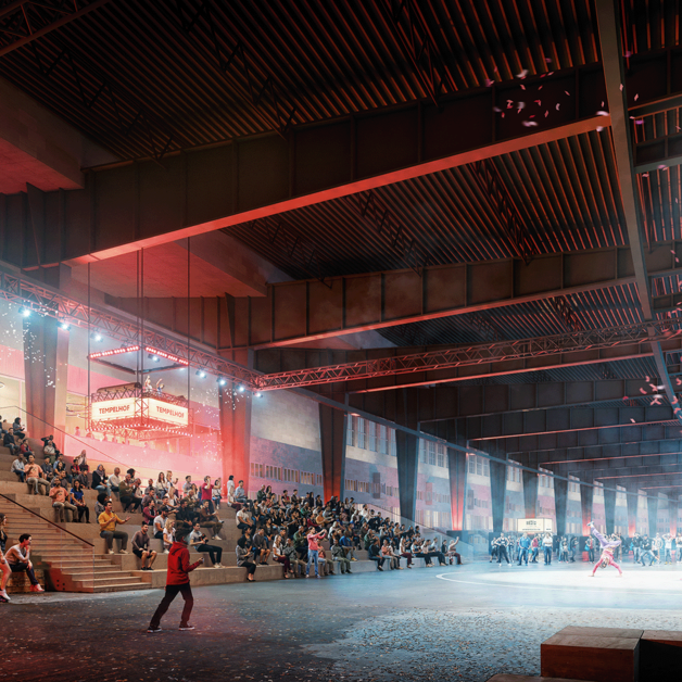 Rendering vom Vorfeld des Flughafen Tempelhof, wie es in Zukunft aussehen könnte: Bei einer Tanzshow sitzen viele Leute auf einer Tribüne. Im Hintergrund ist ein Flugzeug zu sehen
