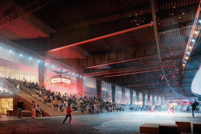 Rendering vom Vorfeld des Flughafen Tempelhof, wie es in Zukunft aussehen könnte: Bei einer Tanzshow sitzen viele Leute auf einer Tribüne. Im Hintergrund ist ein Flugzeug zu sehen