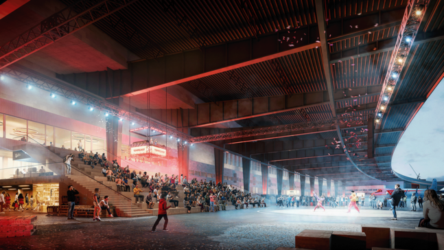 Rendering vom Vorfeld des Flughafen Tempelhof, wie es in Zukunft aussehen könnte: Bei einer Tanzshow sitzen viele Leute auf einer Tribüne. Im Hintergrund ist ein Flugzeug zu sehen