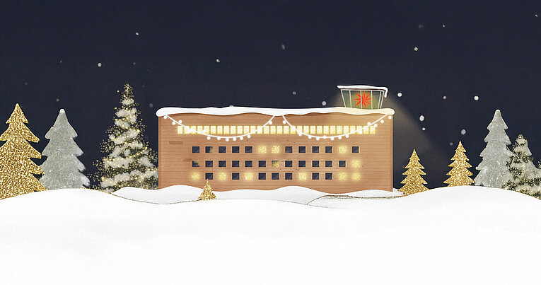 Grafik vom THF TOWER in einer Schneelandschaft mit Weihnachtsbäumen und dunklem Himmel