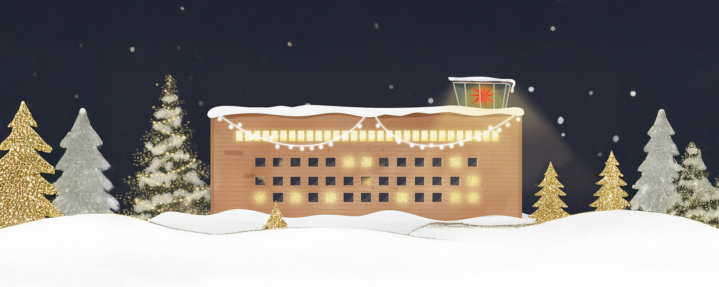 Grafik vom THF TOWER in einer Schneelandschaft mit Weihnachtsbäumen und dunklem Himmel