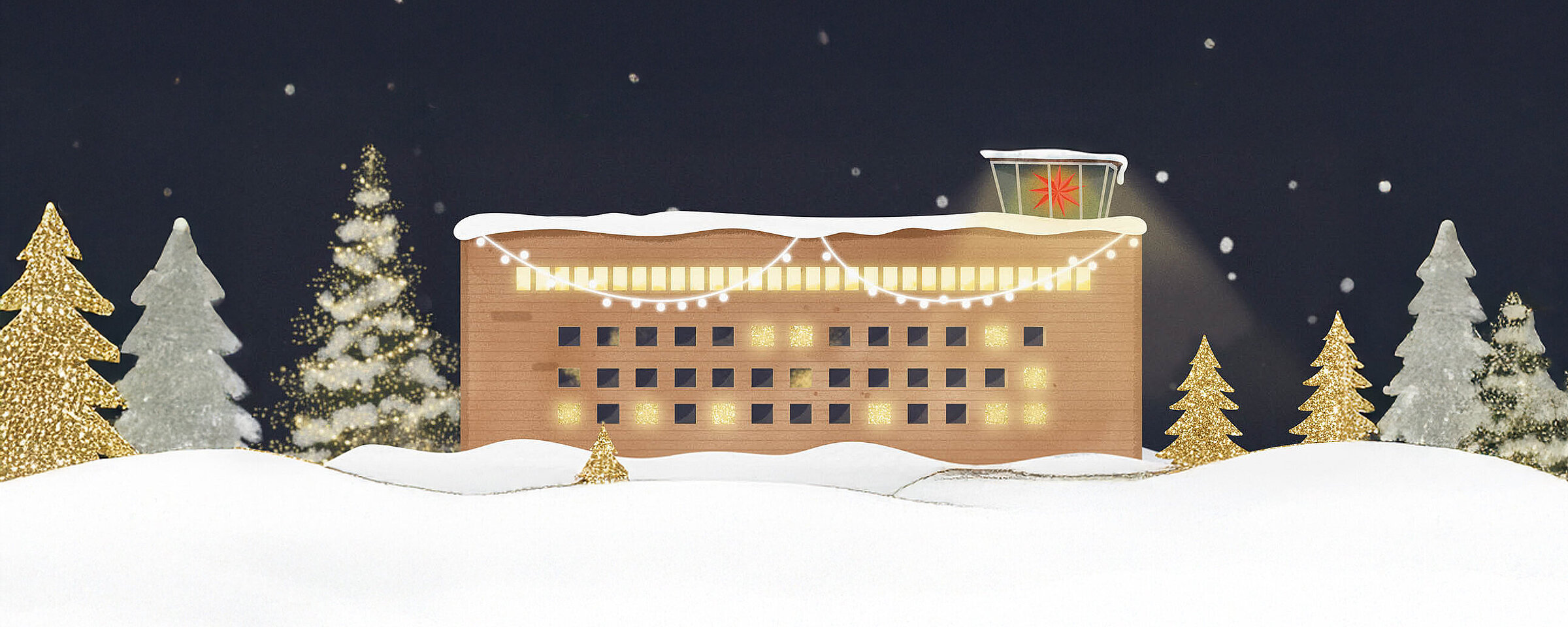 Grafik vom THF TOWER in einer Schneelandschaft mit Weihnachtsbäumen und dunklem Himmel