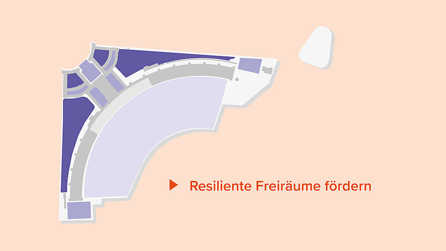 Grafische Karte mit geschwungenen, violett und grau markierten Flächen, die unterschiedliche Bereiche eines geplanten Raums darstellen; rechts steht der orangefarbene Schriftzug „Resiliente Freiräume fördern“.
