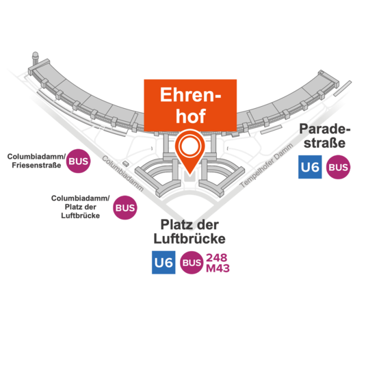 Karte des Bereichs rund um den Platz der Luftbrücke in Berlin mit markierten U‑Bahn‑ und Busverbindungen sowie der hervorgehobenen Position !Ehrenhof“; umliegende Straßen wie Columbiadamm, Paradestraße und Tempelhofer Damm sind klar benannt.