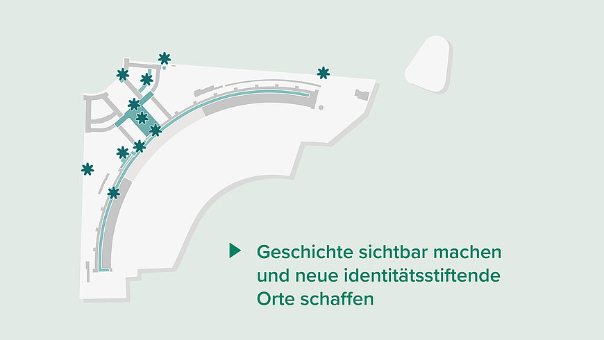 Lageplan des Flughafen Tempelhof mit geschwungener Weg- und Gebäudestruktur in Weiß‑, Grau‑ und Türkistönen auf hellgrünem Hintergrund; mehrere sternförmige Markierungen heben zentrale Punkte hervor. Rechts steht der Satz „Geschichte sichtbar machen und neue identitätsstiftende Orte schaffen“.