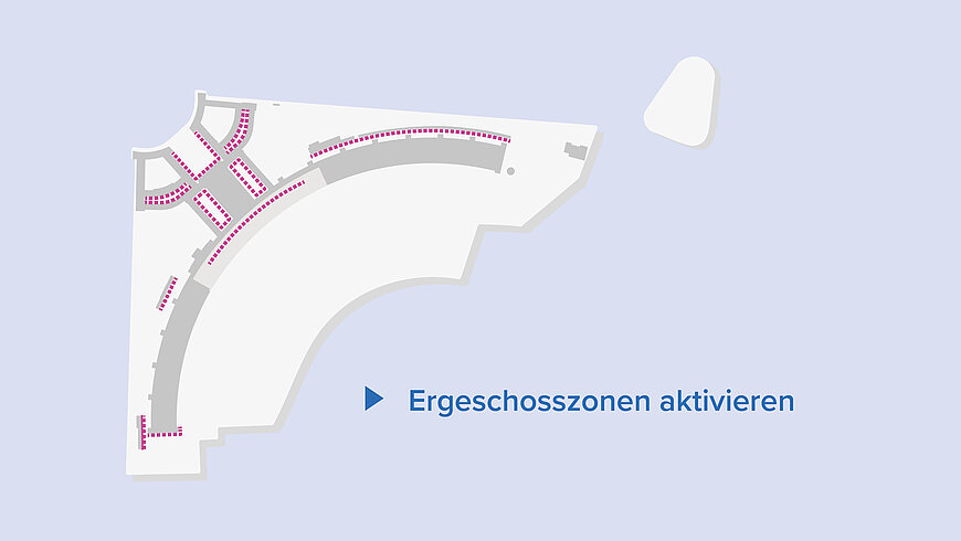 Schematischer Lageplan mit geschwungenem Gebäudekörper in Grau auf hellblauem Hintergrund; magentafarbene, gestrichelte Linien markieren aktivierbare Erdgeschosszonen. Rechts steht der Hinweis „Erdgeschosszonen aktivieren“.