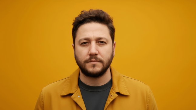 Multiinstrumentalisten Deniz Mahir Kartal mit kurzen, lockigen braunen Haaren und einem Bart blickt mit neutralem Gesichtsausdruck direkt in die Kamera. Er trägt ein dunkelgraues T-Shirt unter einer senfgelben Jacke vor einem minimalistischen, einfarbig senfgelben Hintergrund.