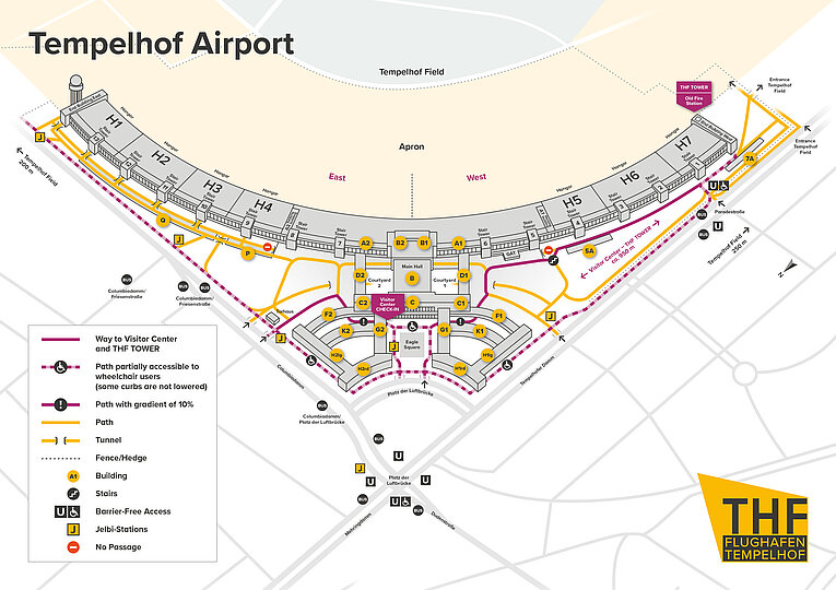 Overview map of Tempelhof Airport showing marked paths, buildings, and entrances. It includes Hangars H1 through H7, the main hall, the apron, and adjacent areas such as Tempelhofer Feld, Platz der Luftbrücke, and Columbiadamm. The map shows accessible paths, stairs, ramps with a 10% gradient, access to the visitor center and THF Tower, as well as Jelbi stations. A legend explains the symbols for paths, buildings, fences, and landmarks.  