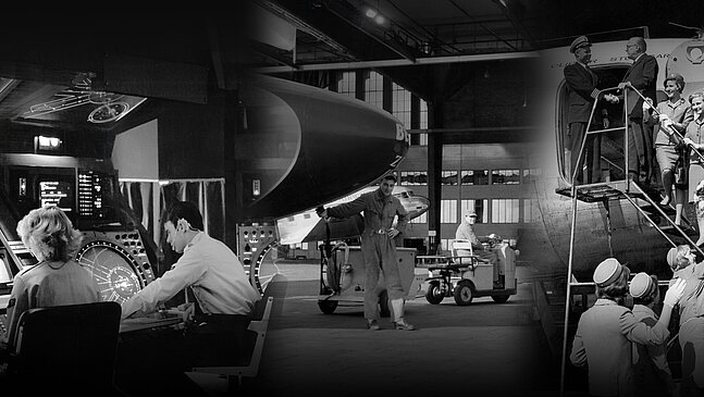 Schwarzweiß Foto-Collage Bildarchiv der Berliner Flughafengesellschaft, auf dem Mitarbeiter am Flughafen Tempelhof zusehen sind, die an einem Flugzeug arbeiten