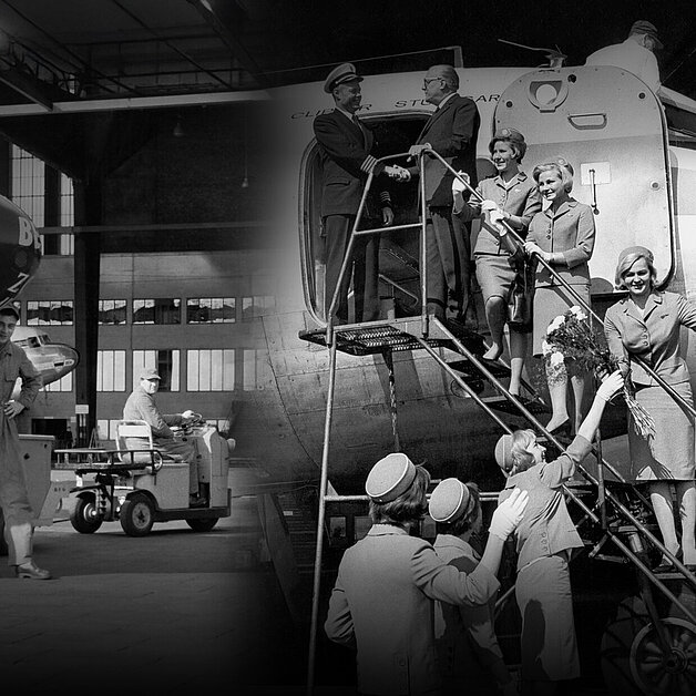 Schwarzweiß Foto-Collage Bildarchiv der Berliner Flughafengesellschaft, auf dem Mitarbeiter am Flughafen Tempelhof zusehen sind, die an einem Flugzeug arbeiten