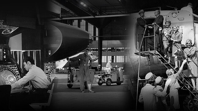 Schwarzweiß Foto-Collage Bildarchiv der Berliner Flughafengesellschaft, auf dem Mitarbeiter am Flughafen Tempelhof zusehen sind, die an einem Flugzeug arbeiten