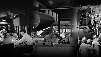 Schwarzweiß Foto-Collage Bildarchiv der Berliner Flughafengesellschaft, auf dem Mitarbeiter am Flughafen Tempelhof zusehen sind, die an einem Flugzeug arbeiten