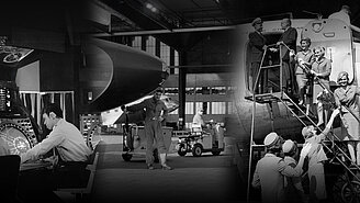 Schwarzweiß Foto-Collage Bildarchiv der Berliner Flughafengesellschaft, auf dem Mitarbeiter am Flughafen Tempelhof zusehen sind, die an einem Flugzeug arbeiten