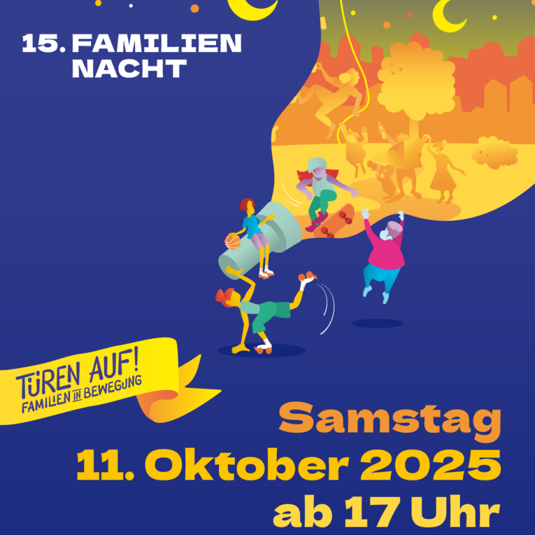 Blaues Plakat von der Familiennacht mit Kindern und einer taschenlampe