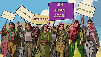Illustrierte Demonstrationsszene mit kurdischen Frauen, die auf einer Straße gehen und Schilder mit dem Slogan „Jin Jiyan Azadî“ hochhalten.