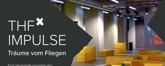 In einem X sind gelbe Sitzhocker in einem dunklen Raum mit großen grauen Säulen zu sehen