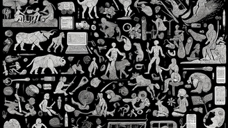 Illustration in Weiß auf schwarzem Hintergrund mit vielen kleinen, linearen Zeichnungen: Menschen, Tiere, Pflanzen, technische Geräte und abstrakte Formen sind dicht angeordnet und bilden ein lebhaftes, mosaikartiges Muster, das die Verbindung zwischen Natur, Technologie und menschlicher Aktivität visualisiert.