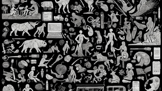 Illustration in Weiß auf schwarzem Hintergrund mit vielen kleinen, linearen Zeichnungen: Menschen, Tiere, Pflanzen, technische Geräte und abstrakte Formen sind dicht angeordnet und bilden ein lebhaftes, mosaikartiges Muster, das die Verbindung zwischen Natur, Technologie und menschlicher Aktivität visualisiert.