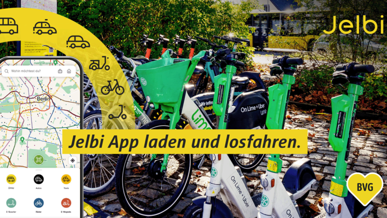 Werbegrafik für die Jelbi-App mit Smartphone, Leihfahrrädern und E-Scootern sowie dem Hinweis „Jelbi App laden und losfahren“