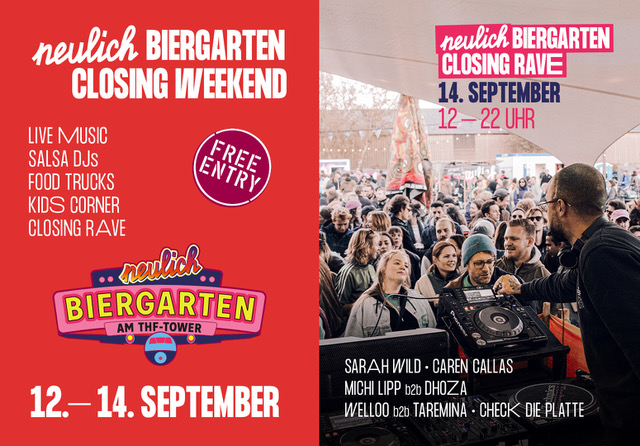 Links roter Flyer vom Closing Rave bei Neulich Biergarten; Rechts Bild vom DJ Pult vor tanzender Menge 