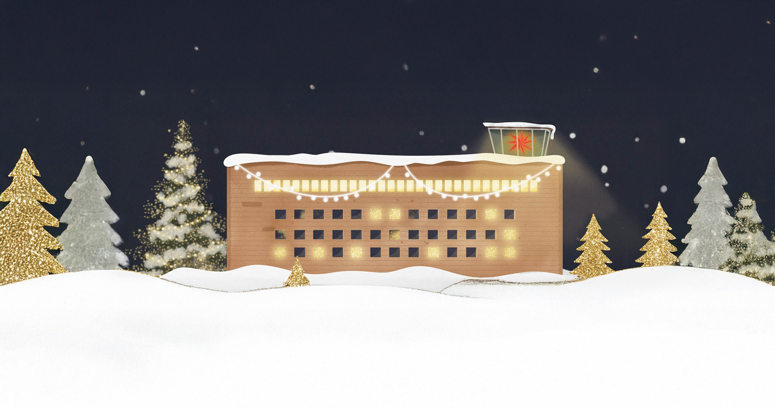 Grafik vom THF TOWER in einer Schneelandschaft mit Weihnachtsbäumen und dunklem Himmel