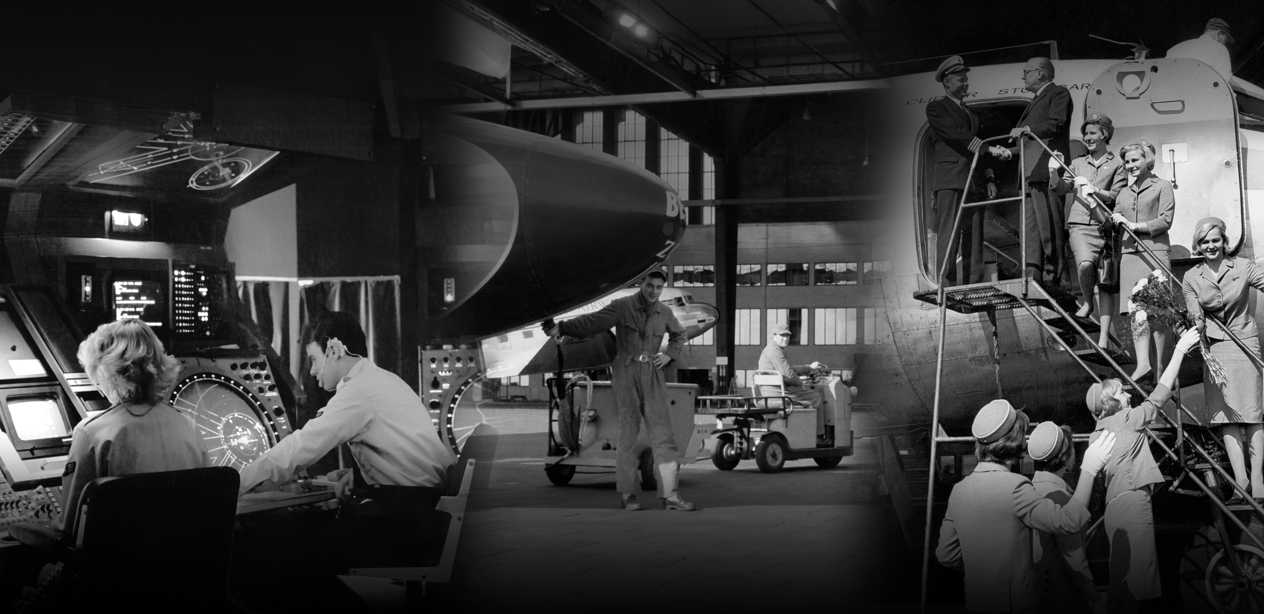 Schwarzweiß Foto-Collage Bildarchiv der Berliner Flughafengesellschaft, auf dem Mitarbeiter am Flughafen Tempelhof zusehen sind, die an einem Flugzeug arbeiten